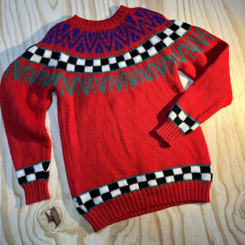 Izod Mens Small Red Wool Fair Isle Checkered Vintage Crew Neck Sweater